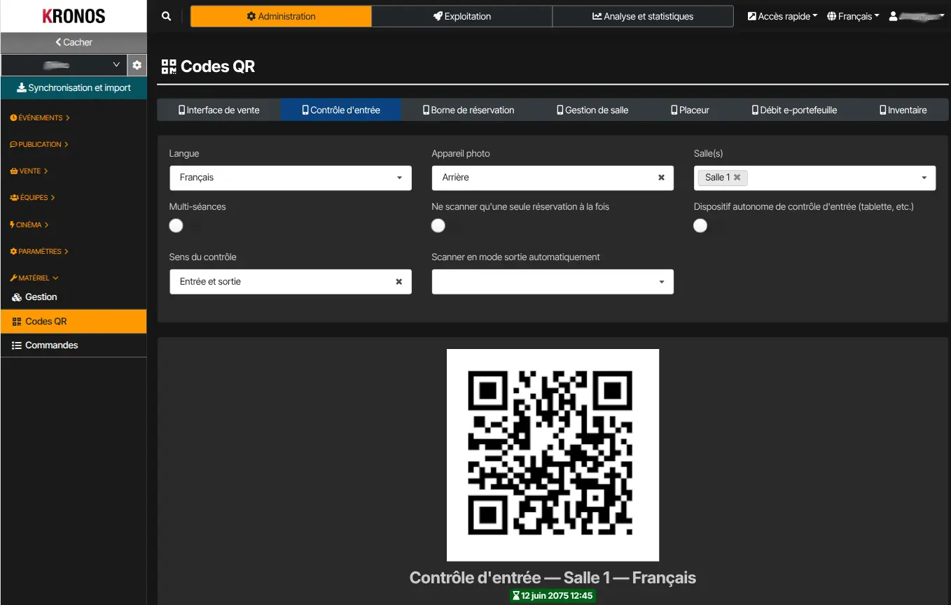 QR du mode Contrôle d’entrée — à scanner sur l’appareil (Codes QR dans Kronos).