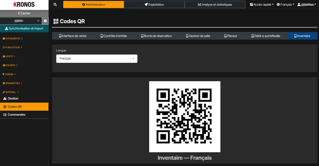 QR du mode Inventaire — à scanner sur l’appareil (Codes QR dans Kronos).