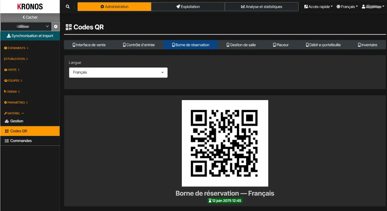 QR du mode Borne — à scanner sur l’appareil (Codes QR dans Kronos).