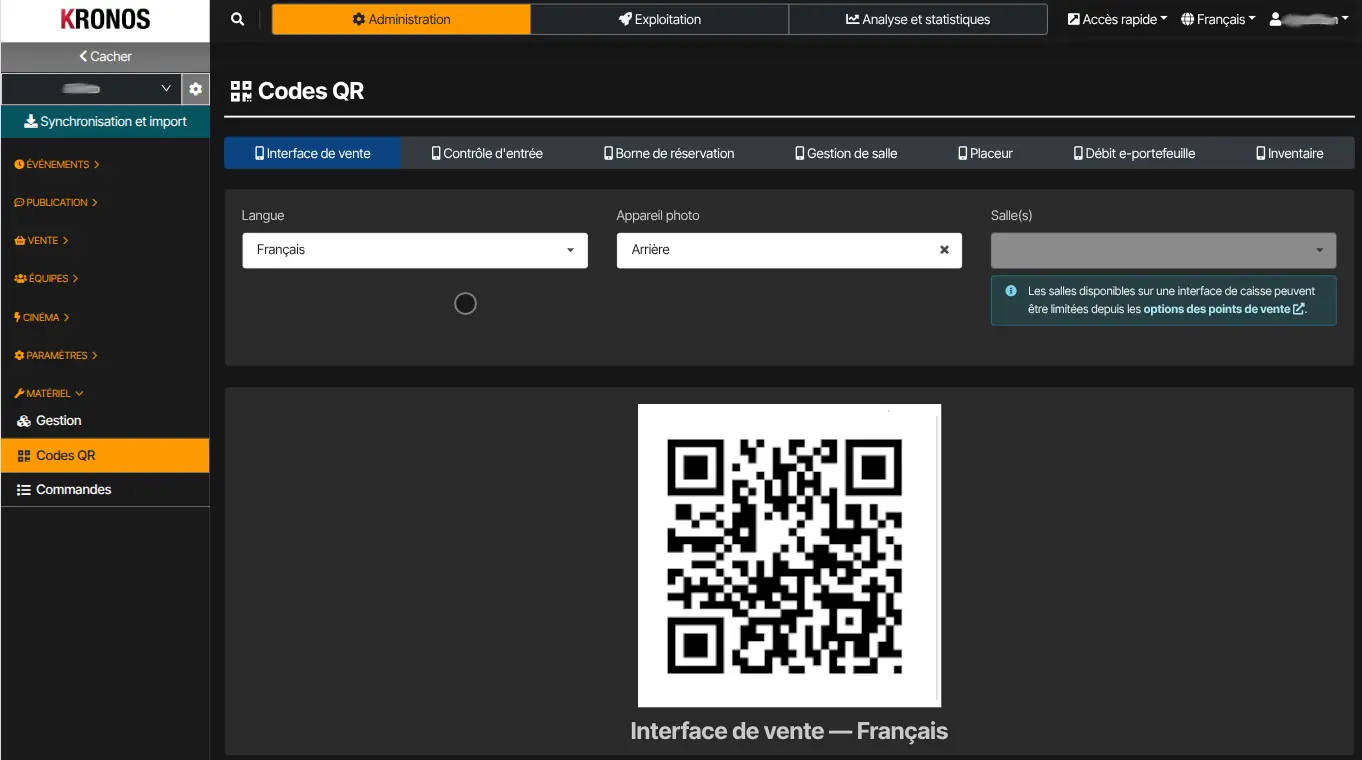 QR du mode Point de vente — à scanner sur l’appareil (Codes QR dans Kronos).