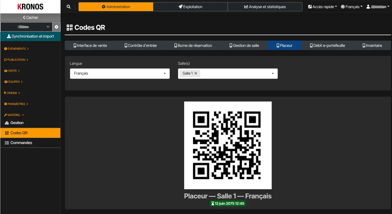 QR du mode Gestion de salle — à scanner sur l’appareil (Codes QR dans Kronos).