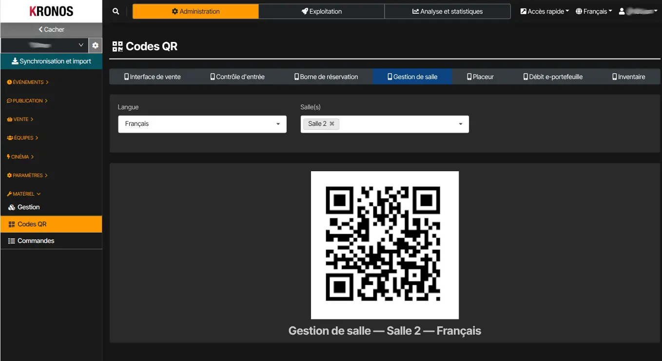 QR du mode Plan de salle — à scanner sur l’appareil (Codes QR dans Kronos).