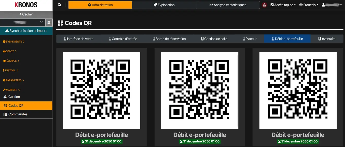 QR du mode Portefeuille électronique — à scanner sur l’appareil (Codes QR dans Kronos).