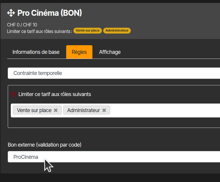 ProCinema external voucher rule on a pricing